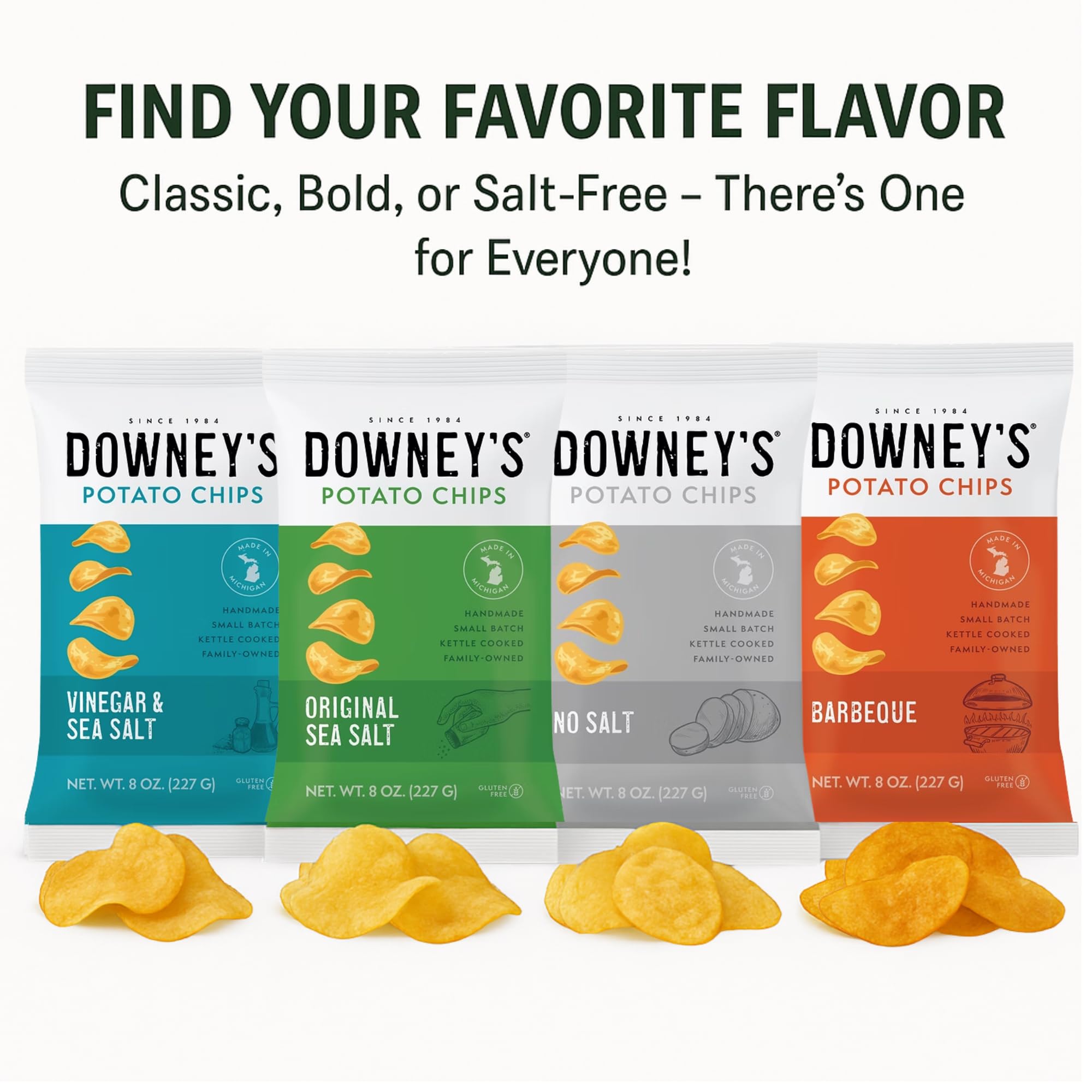Downey’s Potato Chips, No Salt Kettle-Cooked Potato Chips, Handcrafted Snack, Small-Batch, Light and Crispy, Gluten-Free, Made in Michigan (8oz