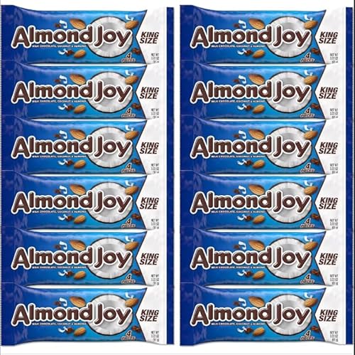 Almond Joy Coconut and Almond Milk Chocolate Candy King Size Bars, Bulk 12 Pack Individually Wrapped, 3.22 oz Bars 4 Pieces Each, Gluten Free, For On