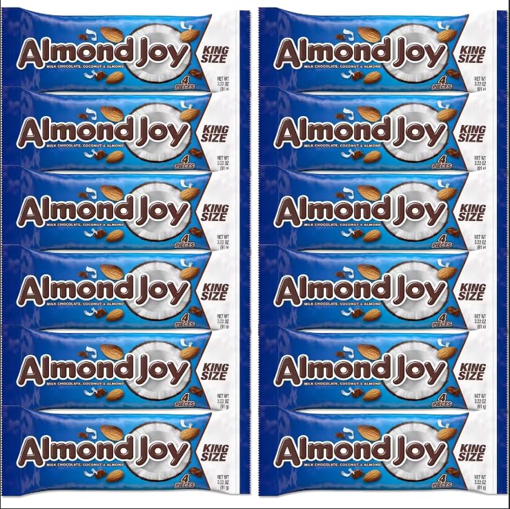 Almond Joy Coconut and Almond Milk Chocolate Candy King Size Bars, Bulk 12 Pack Individually Wrapped, 3.22 oz Bars 4 Pieces Each, Gluten Free, For On