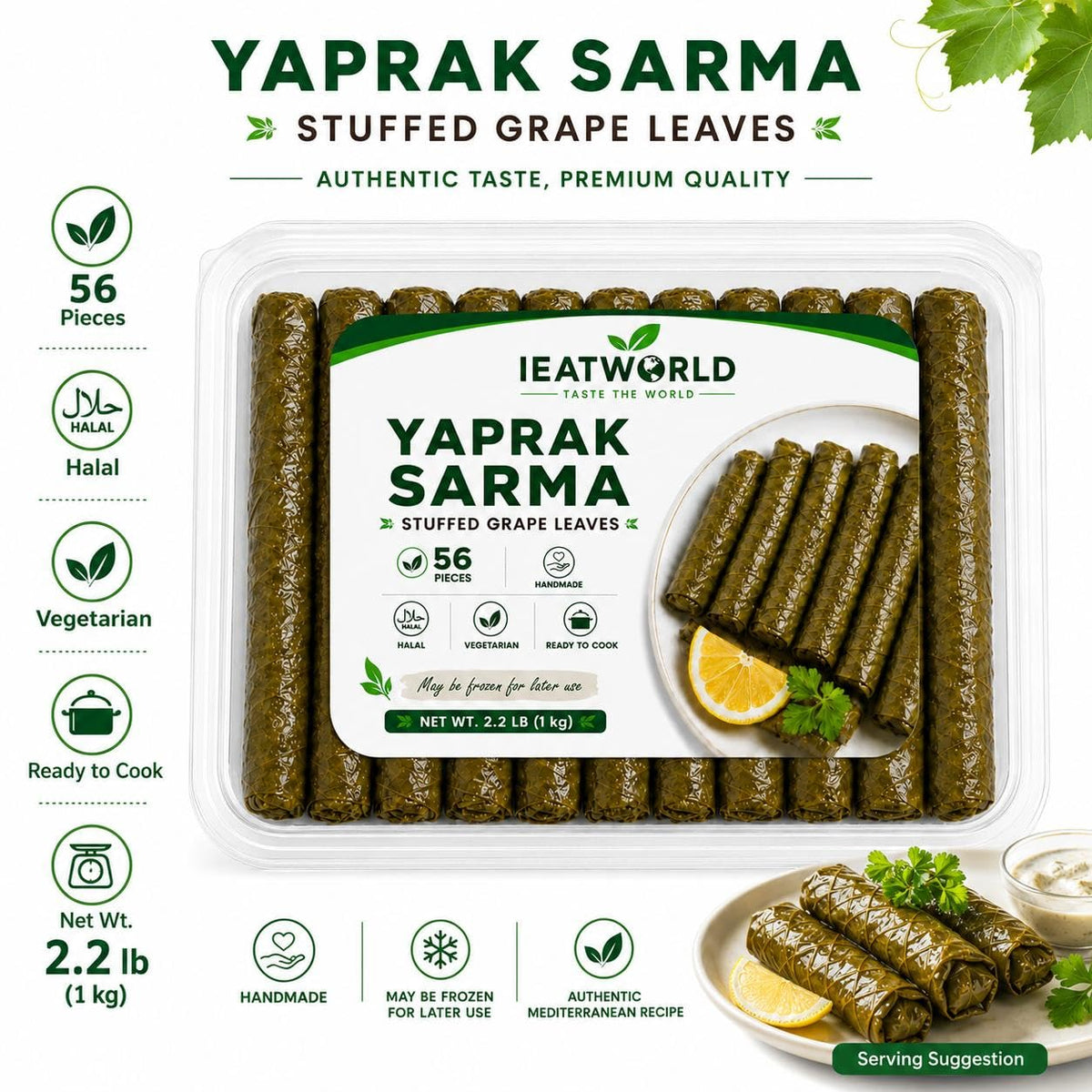 IEATWORLD Stuffed Dolma Collection - Ready to Cook Rice-Stuffed Vegetables, Mediterranean Style (2 Pack, Stuffed Grape Leaves)