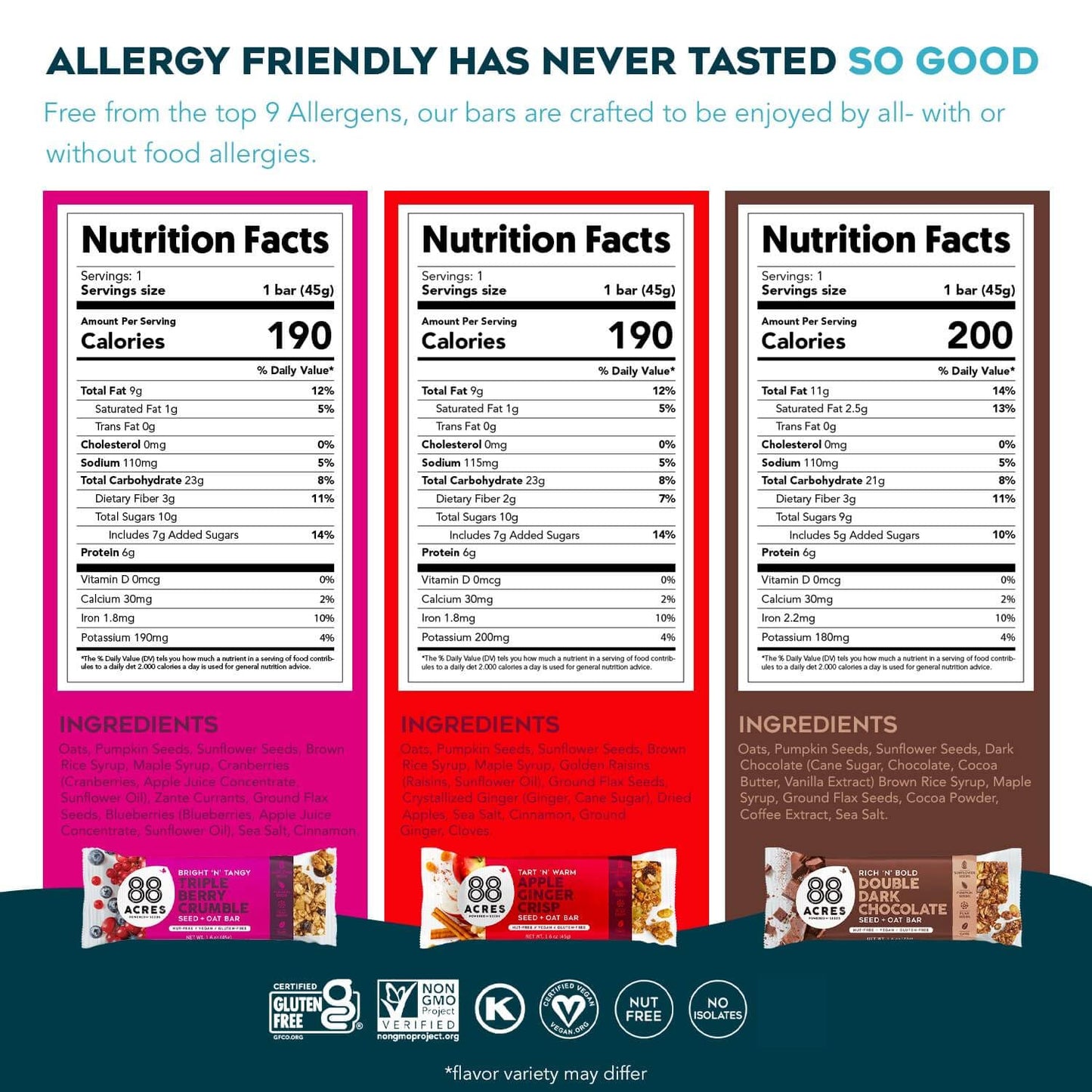 88 Acres Granola Bars Variety Pack, 6 Count, School Safe, Allergen Free Seed & Oat Snack Bar, Gluten & Nut Free, Vegan, Non-GMO & Kosher, Individually