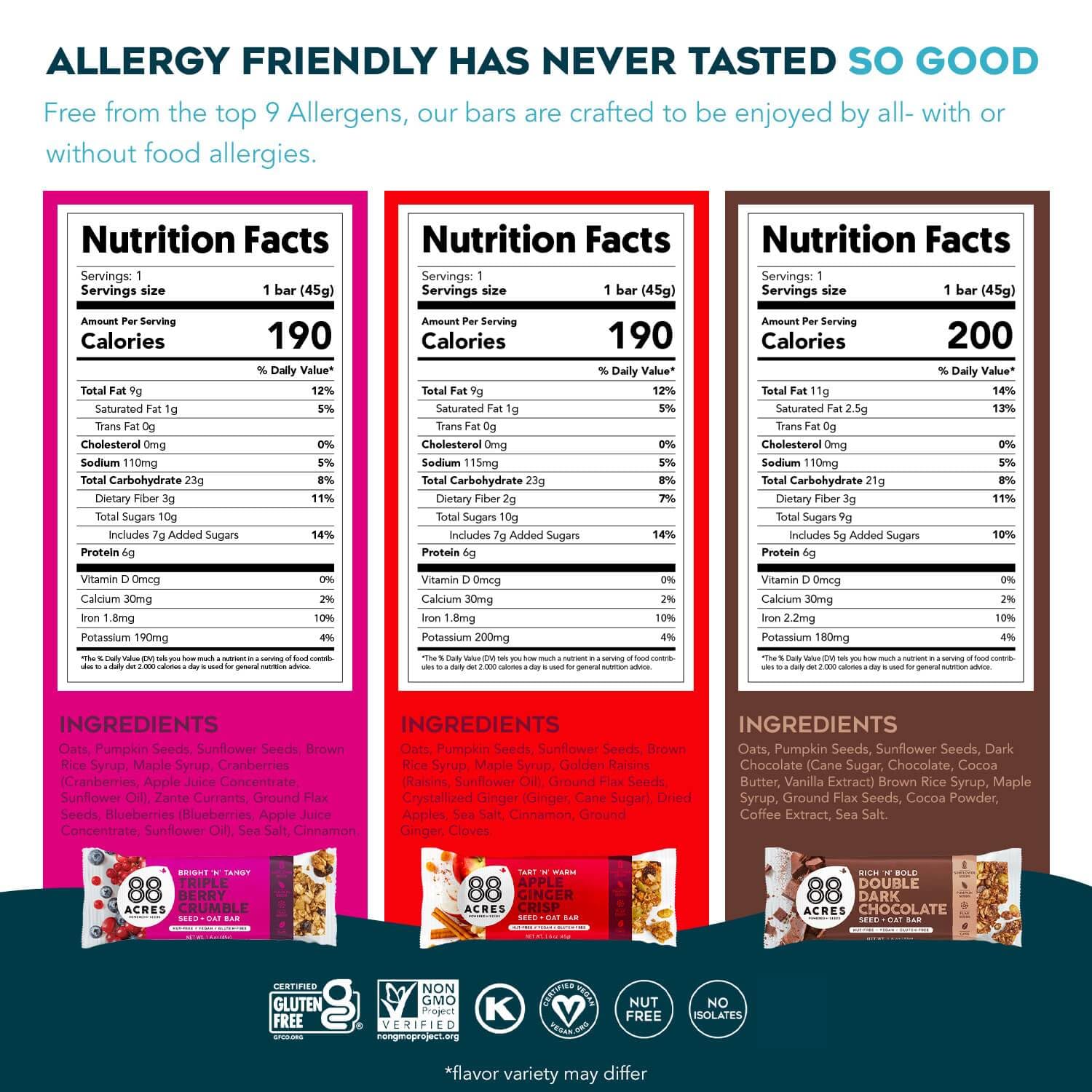 88 Acres Granola Bars Variety Pack, 6 Count, School Safe, Allergen Free Seed & Oat Snack Bar, Gluten & Nut Free, Vegan, Non-GMO & Kosher, Individually