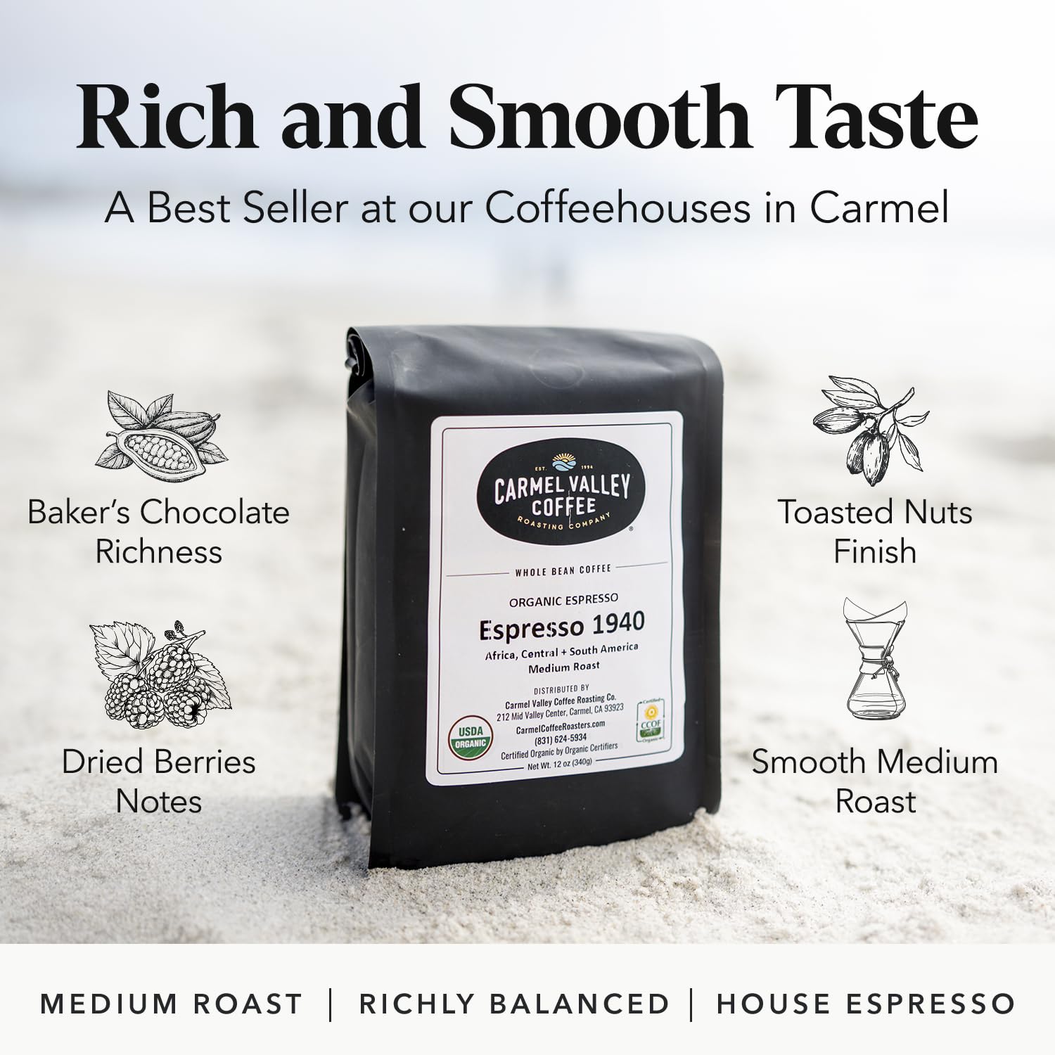 Carmel Valley Coffee Roasting Espresso 1940 - Organic Medium Roast, Africa, Central & South America - Notes of Dried Berries, Toasted Nuts & Baker’s