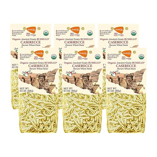6 PACKS ORGANIC ITALIAN SEMI WHOLE DURUM WHEAT CASERECCE PASTA - Sicilian Ancient Grain Russello Vegan Pasta Crafted in Italy. LOW-GLUTEN INDEX. Has
