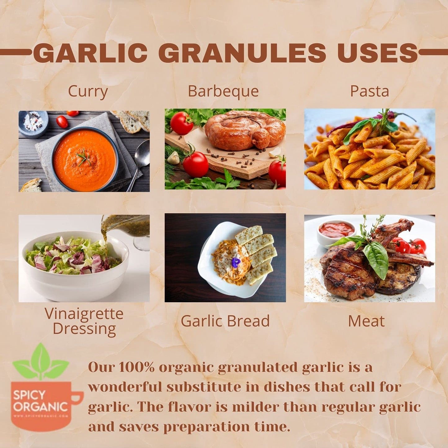 SPICY ORGANIC Garlic Granules - 100% USDA Organic- Premium Quality Granulated Garlic Powder for Mouthwatering Rubs on Beef, Pork, Fish, Poultry