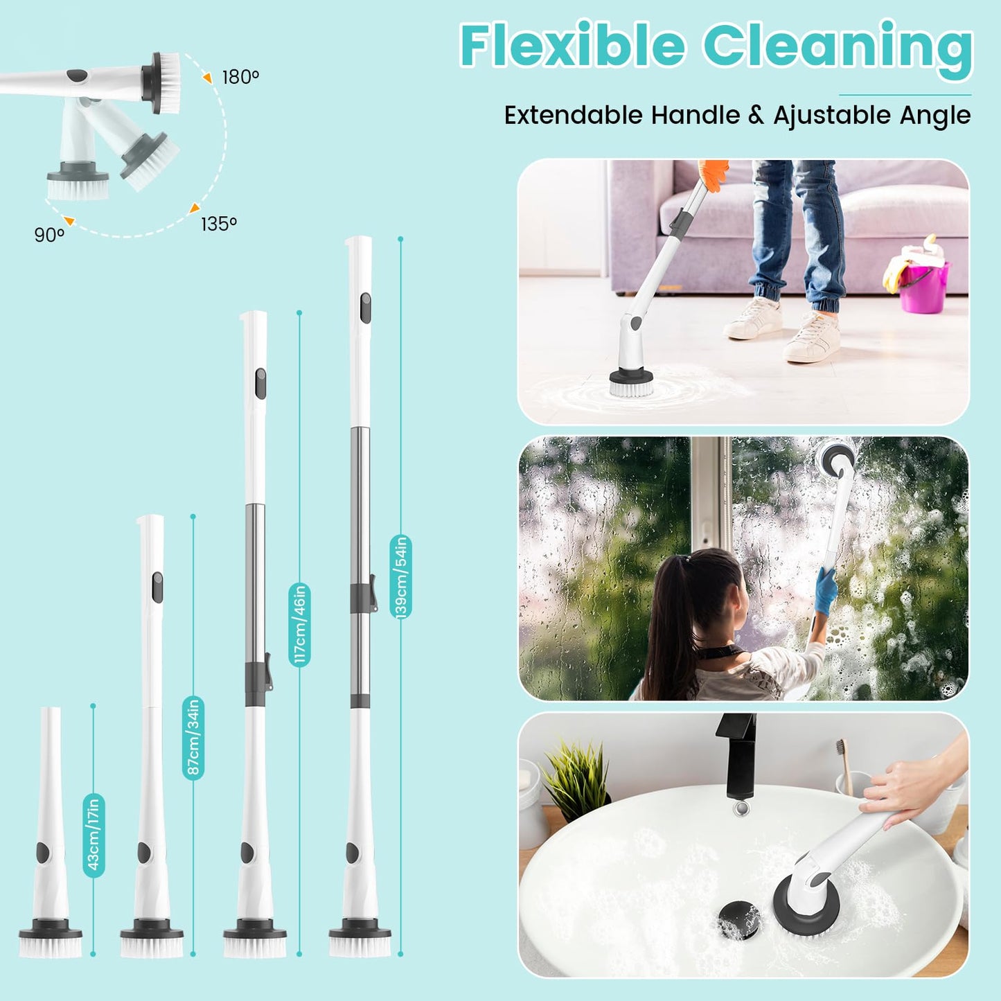 Electric Spin Scrubber, New Cordless Power Tub Scrubber with Long Handle,101 Lbs Strong Torque Shower Brush with 8 Heads, 2 Speed Mode 3 Adjustable