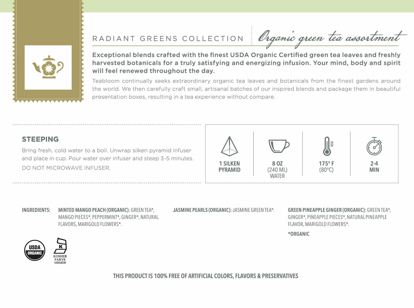 Teabloom Radiant Greens - Organic Green Tea Sampler with 12 Plant-Based Pyramid Sachets, Jasmine Pearls, Minted Mango Peach & Pineapple Ginger