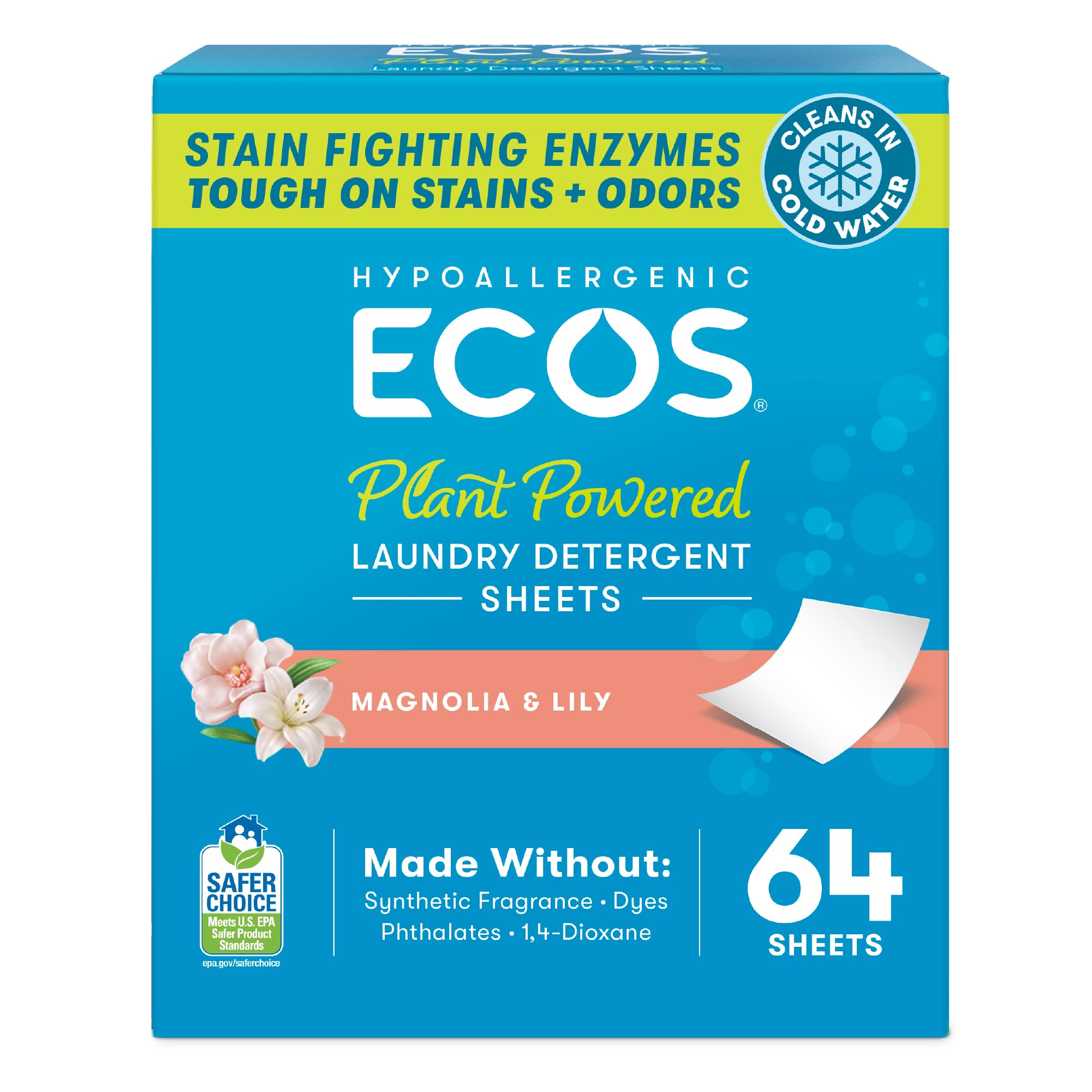 ECOS Laundry Detergent Sheets Vegan, No Plastic Jug, No Mess, Liquid Free - Hypoallergenic, Plant Powered Laundry Detergent Sheet - Magnolia & Lily