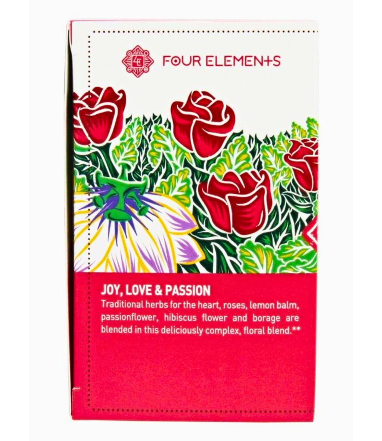 Four Elements 4E Joy, Love & Passion Tea, Blended deliciously with Lemon Balm, Passionflower, Roses, 100% Organic Herbal Caffeine-free Tea, 16