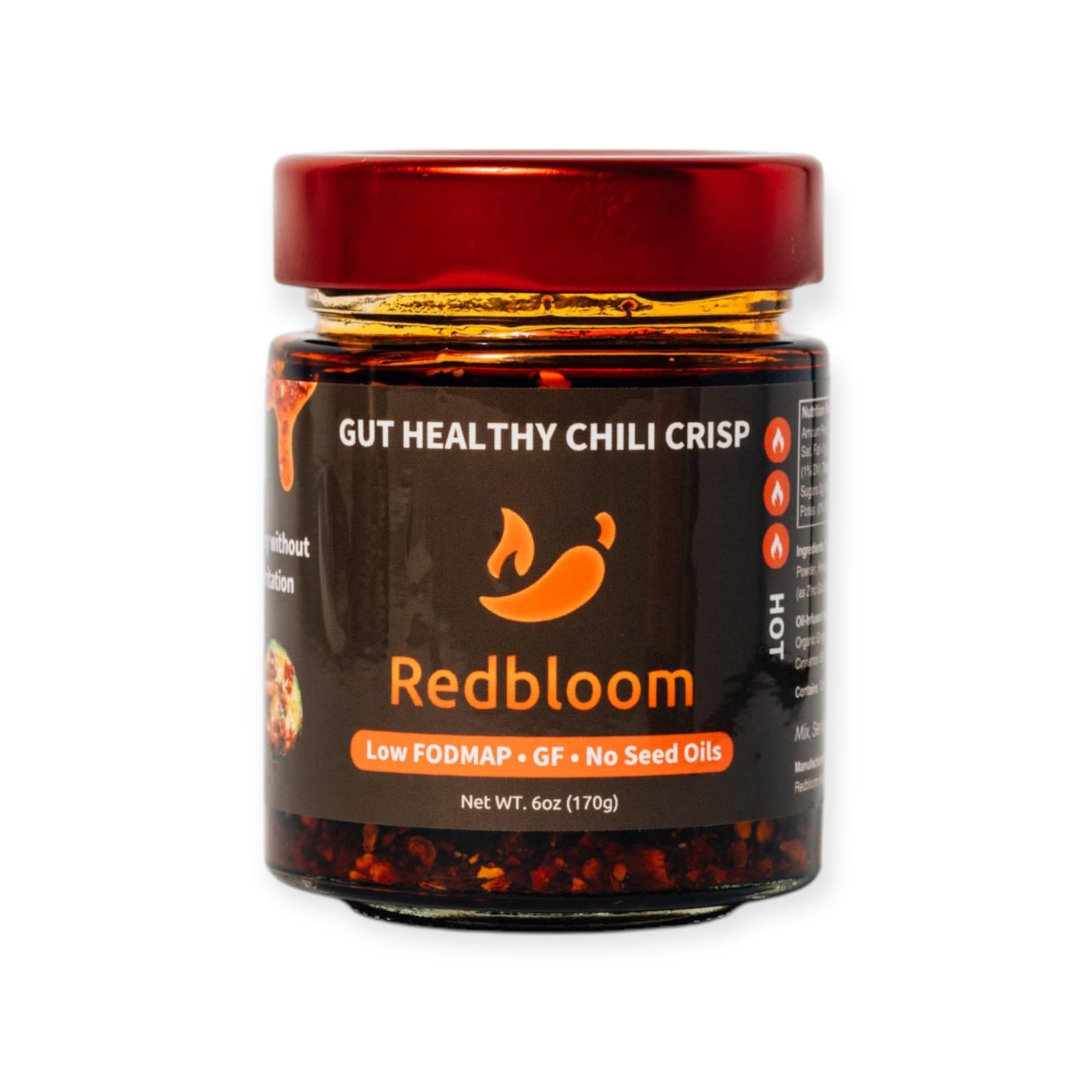 Redbloom Gut-Healthy Chili Crisp - Premium Chili Oil, No Seed Oils, Low-Fodmap, Vegan, Crunchy Hot Sauce, Good on Everything, 6oz (Pack of 1) - Hot