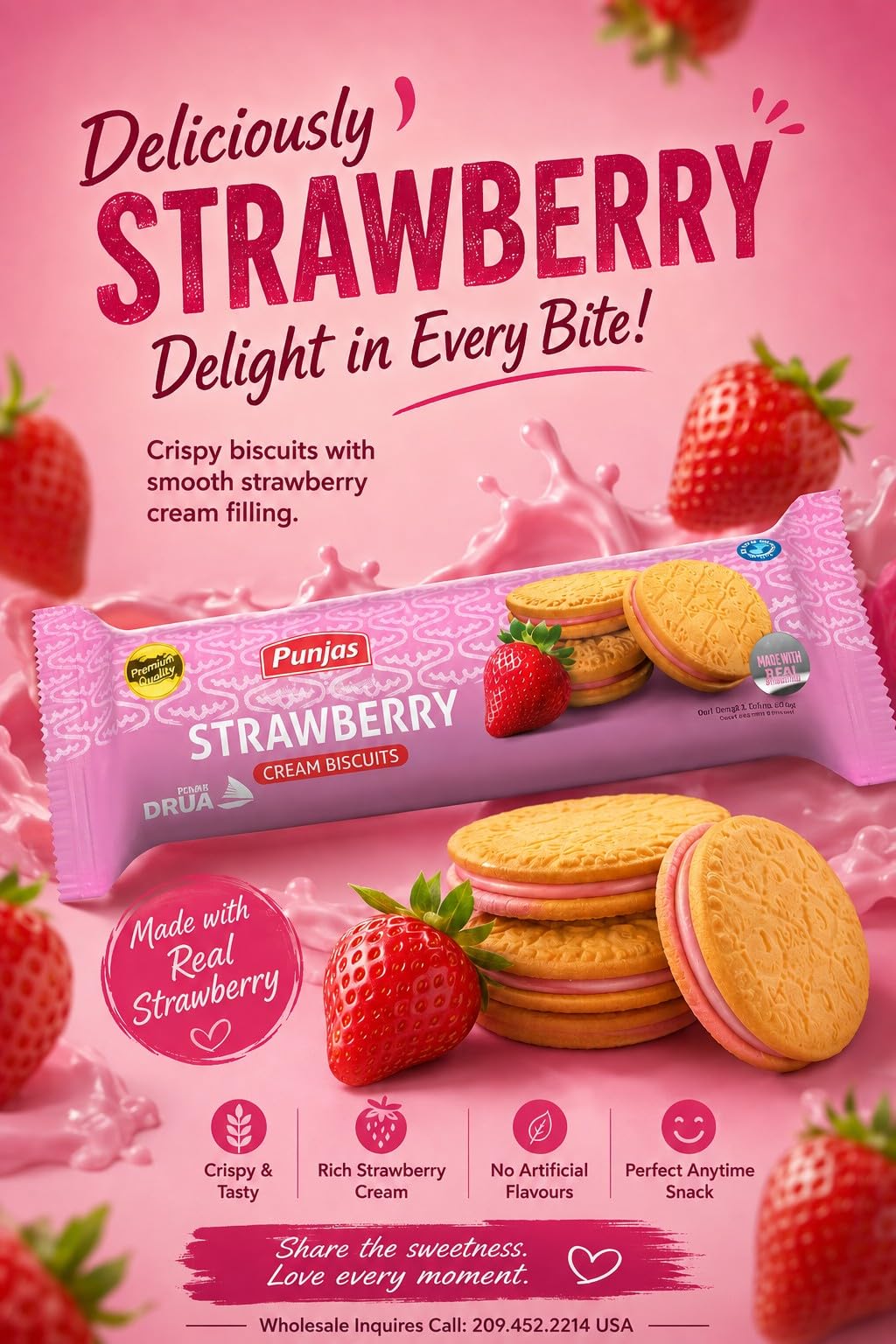 Punjas STRAWBERRY CREAM & LEMON CREAM Biscuits (Pack of 4 x 250g) Smooth Taste in Every Bite, Crafted with Real Flavors