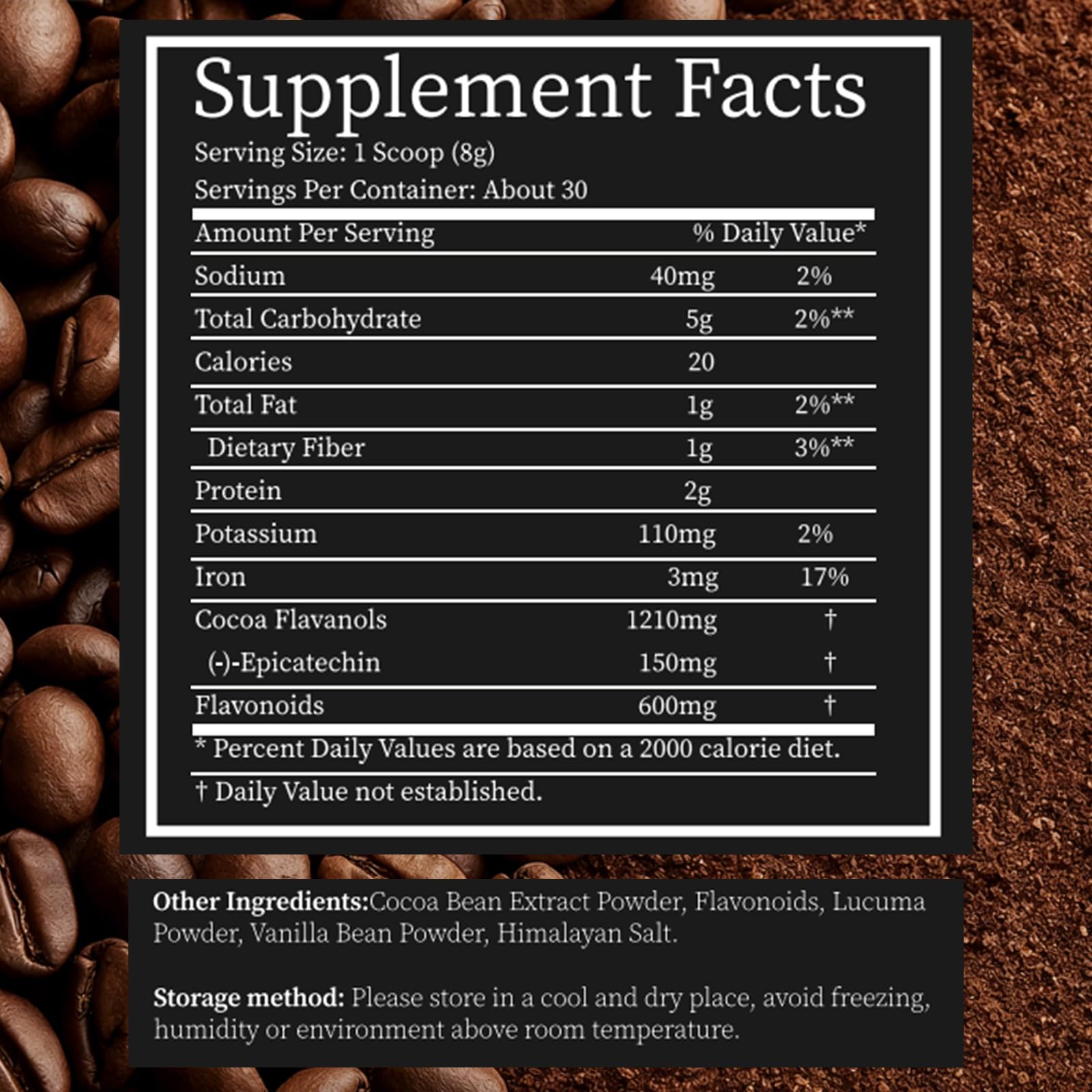 High Flavanol Cocoa Powder, 1200mg Flavanols per Serving, Natural Unsweetened Dutch Cocoa for Baking, Cooking & Beverages, Rich Dark Chocolate Flavor (01)