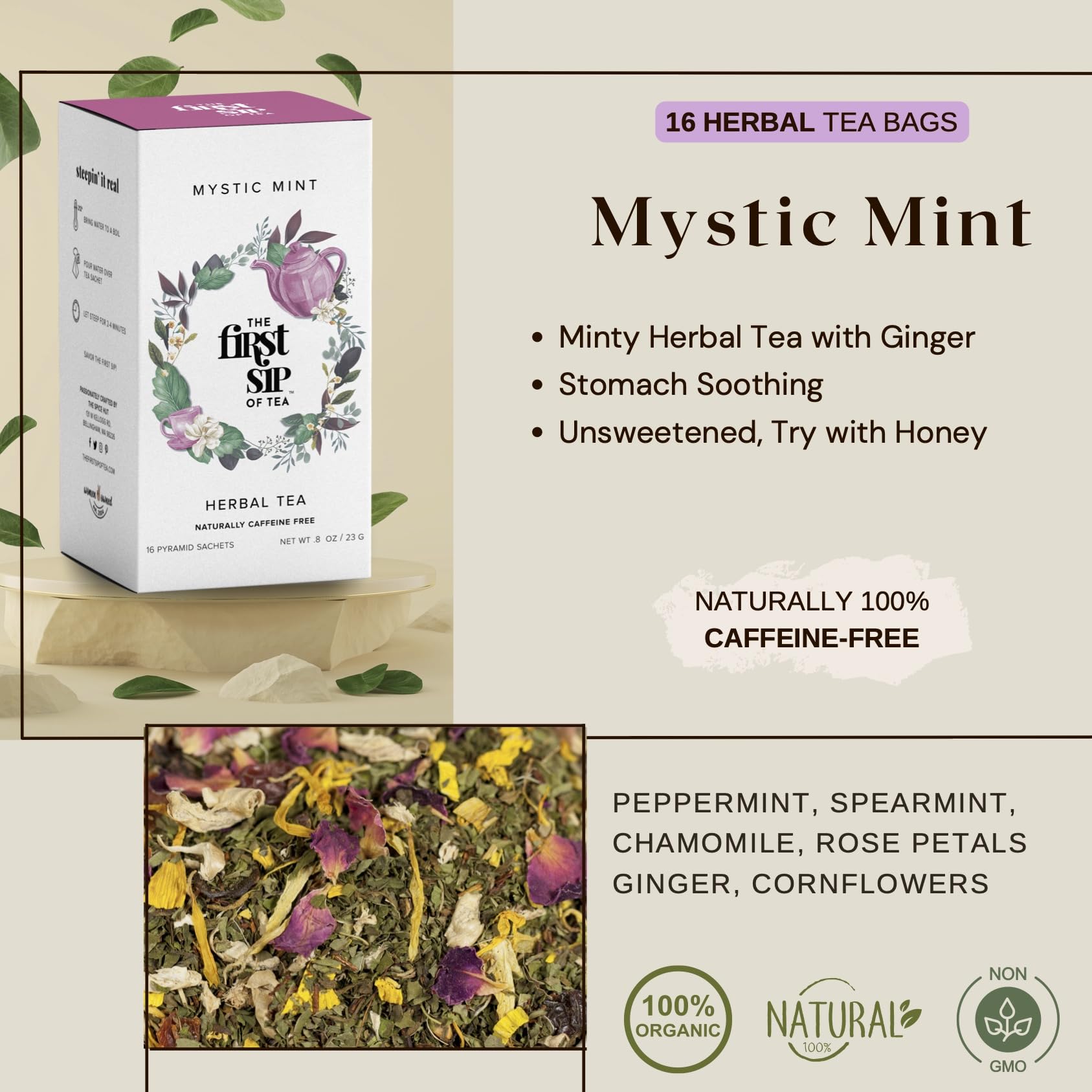 Mystic Mint, Peppermint, Spearmint & Ginger Herbal Tea Bags, Caffeine Free, Soothing Mint Tea - 16 Cups | The Spice Hut, First Sip of Tea