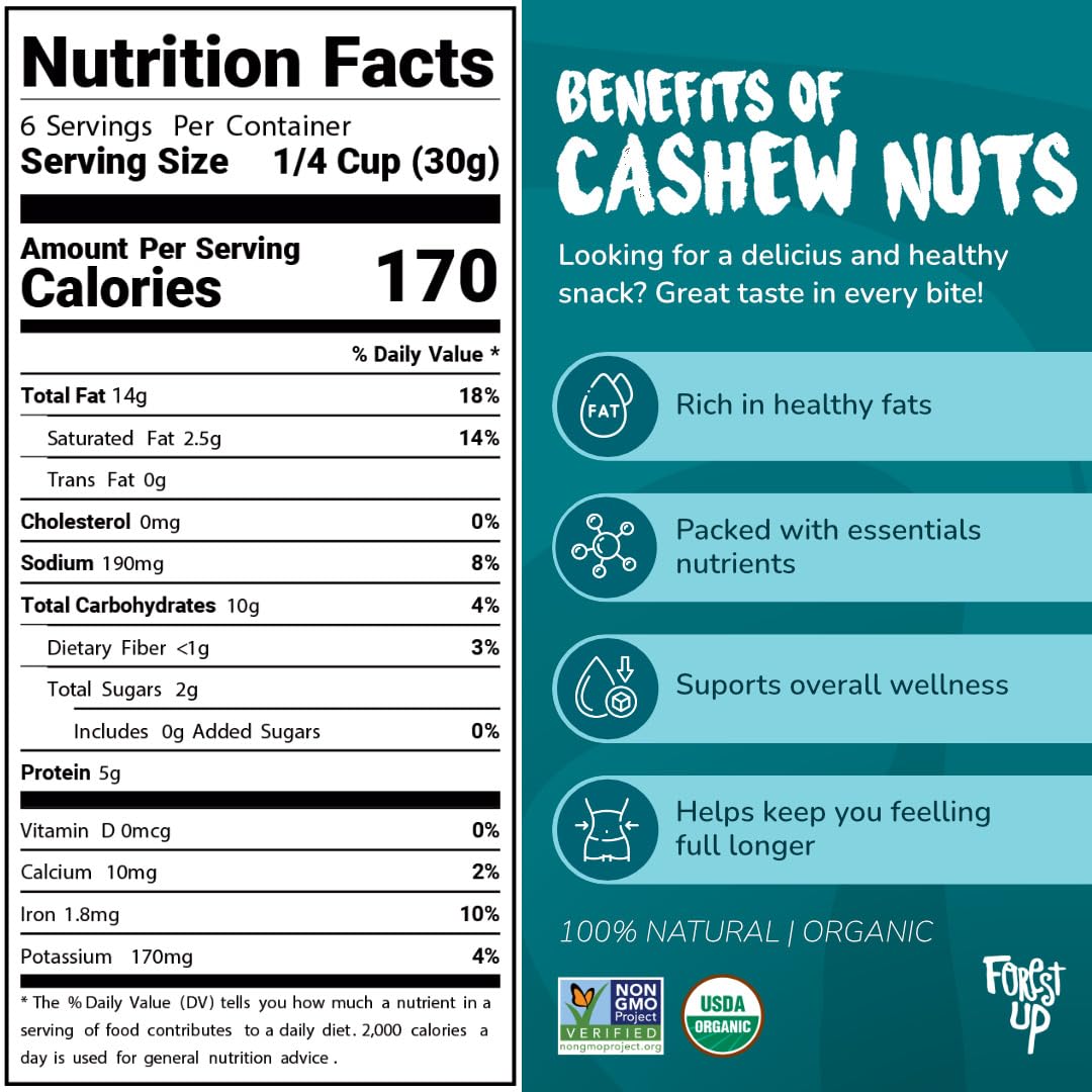 Sea Salted Roasted Organic Cashews 7oz - Healthy Snack, Gluten Free, Non-GMO, Vegan, Plant-Based Protein - Forest Up