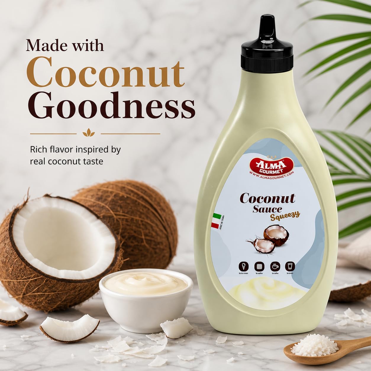 Alma Gourmet Coconut Topping Sauce Imported from Italy, 17.6 Oz (500g) - Creamy Coconut Dessert Syrup, Sweet Coconut Sauce Drizzle for Ice Cream
