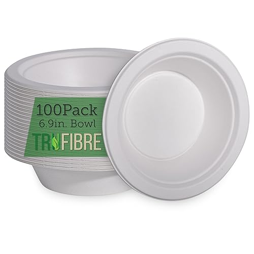 TruFibre 16 Oz Paper Bowls, 100 Pack 100% Compostable Heavy Duty Eco-Friendly Bagasse Biodegrable Disposable Bowls for Salad, Dessert, Soup, Ice