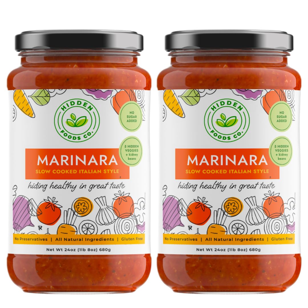Hidden Foods Slow Cooked Marinara Sauce with Natural Vegetables, 24 oz. Jar, Low Carb and Low Sodium, No Sugar Added, Thick and Delicious Flavor