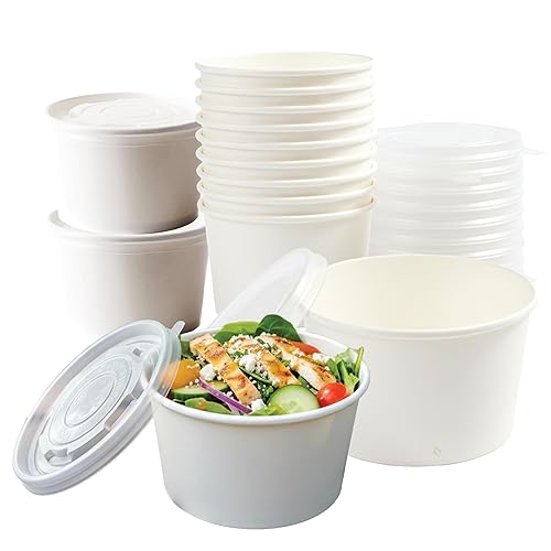 EcoQuality [150 Pack 12 oz Disposable White Paper Soup Containers with Plastic Lids - Paper Ice Cream Cups - Dessert Bowls, Frozen Yogurt Cups - Food