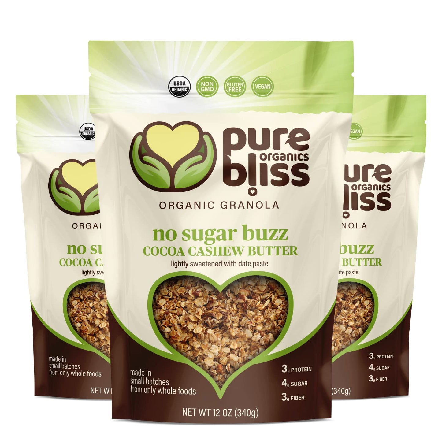 Pure Bliss Organic Low Sugar Granola (Cocoa Cashew Butter) Gluten Free, Vegan, Non-GMO, Low Glycemic, Best Tasting No Sugar Added, Superfoods, Healthy
