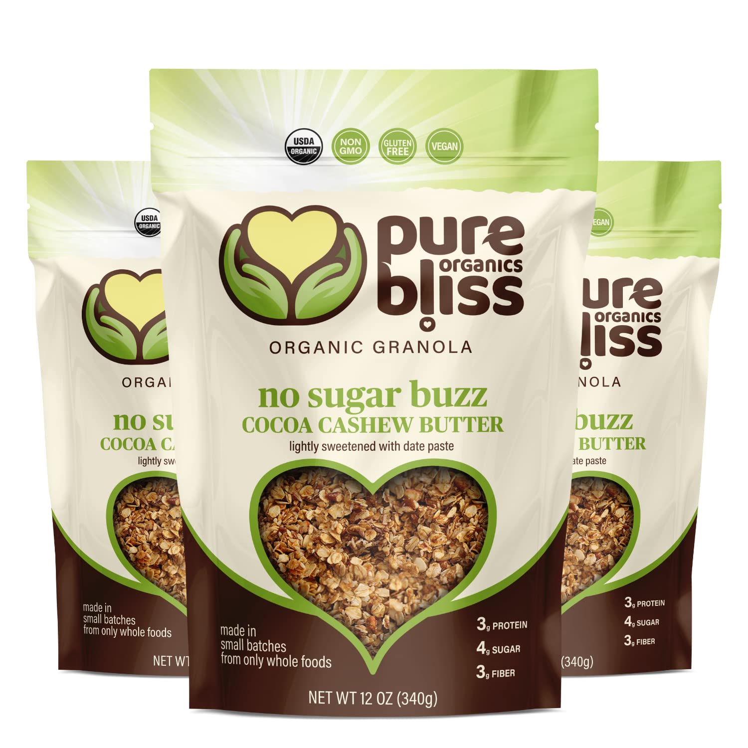 Pure Bliss Organic Low Sugar Granola (Cocoa Cashew Butter) Gluten Free, Vegan, Non-GMO, Low Glycemic, Best Tasting No Sugar Added, Superfoods, Healthy