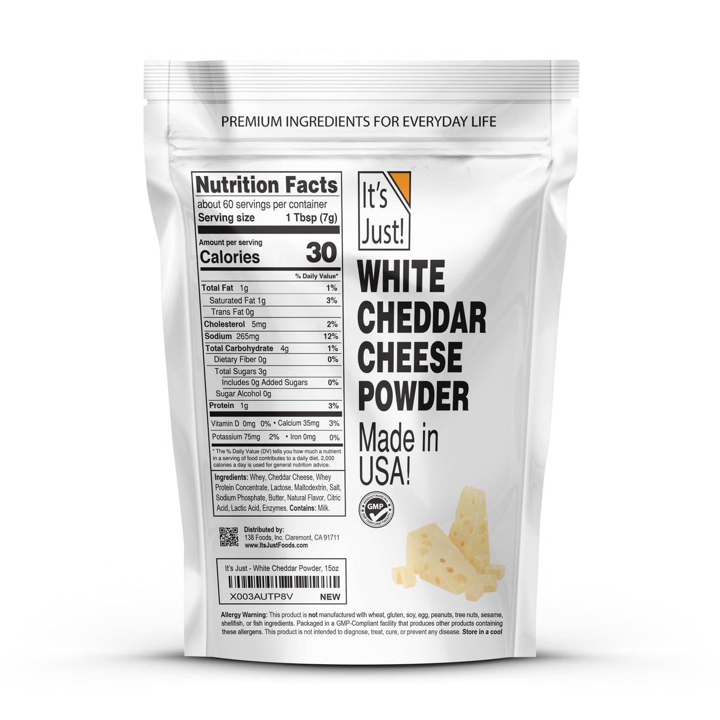 It's Just - White Cheddar Cheese Powder, Traditional Sharp Flavor, Made in USA, rBST/rBGH Hormone Free, 15oz, Shelf Stable, Make Cheese Sauce