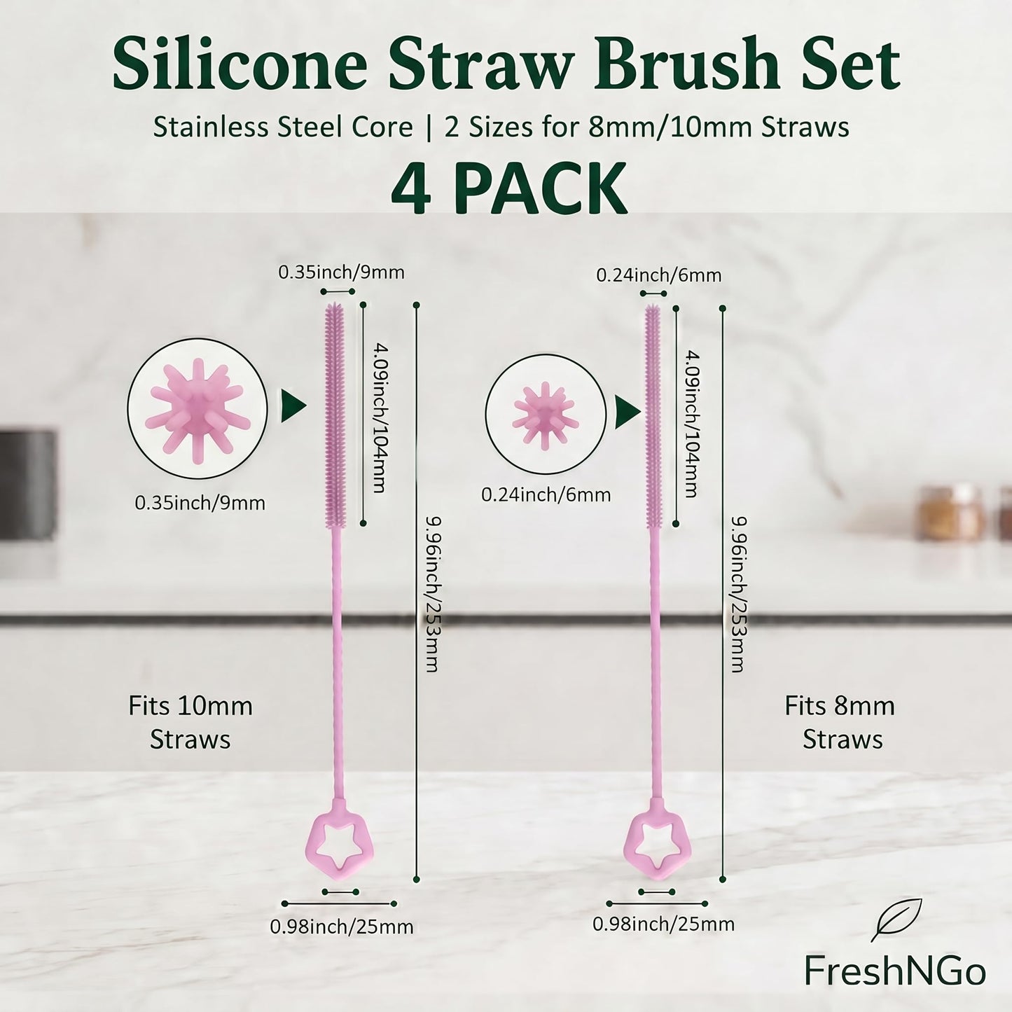 FreshNGo Silicone Straw Cleaner Brush, 4-Pcs Reusable Extra-Long Brush for Cleaning Metal & Glass Straws, Milkshake & Tumbler, 6mm+9mm (4, Blue)