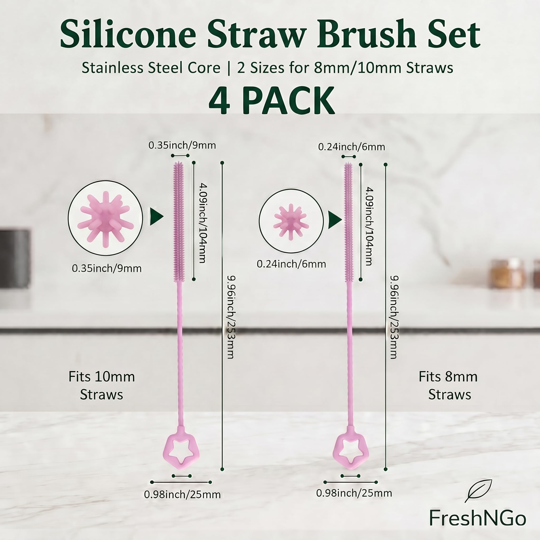 FreshNGo Silicone Straw Cleaner Brush, 4-Pcs Reusable Extra-Long Brush for Cleaning Metal & Glass Straws, Milkshake & Tumbler, 6mm+9mm (4, Blue)