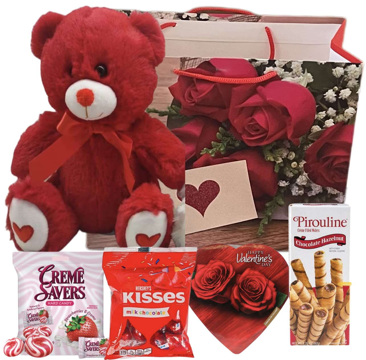 Valentines Day Gift Basket Set | Teddy Bear Plush (COLOR VARYS), Creme Savers Hard Candy, Individually Wrapped, Hershey Kisses Milk Chocolate, Heart