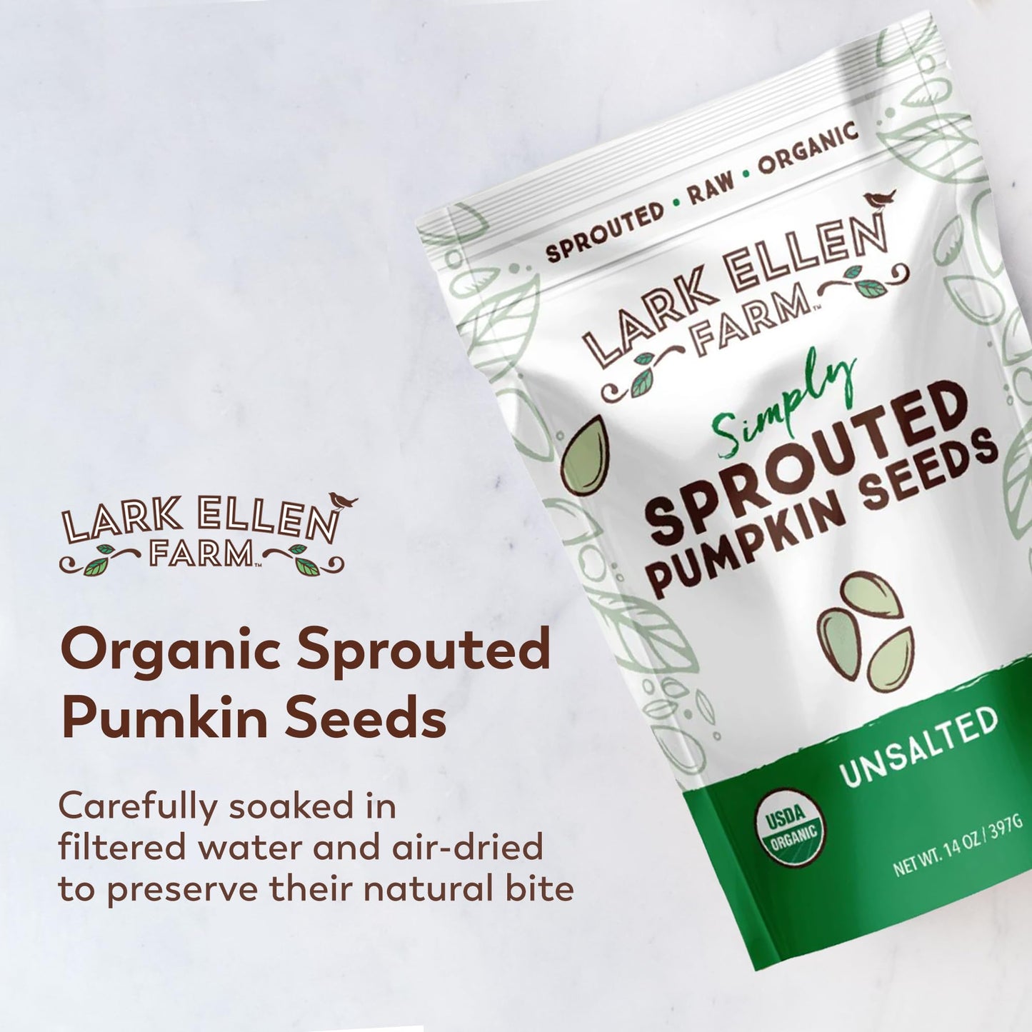 Lark Ellen Farm Sprouted Organic Pumpkin Seeds - Raw, Unsalted, Air-Dried Pepitas for Snacking, Salads, Trail Mix - USDA Organic, Non-GMO, Vegan