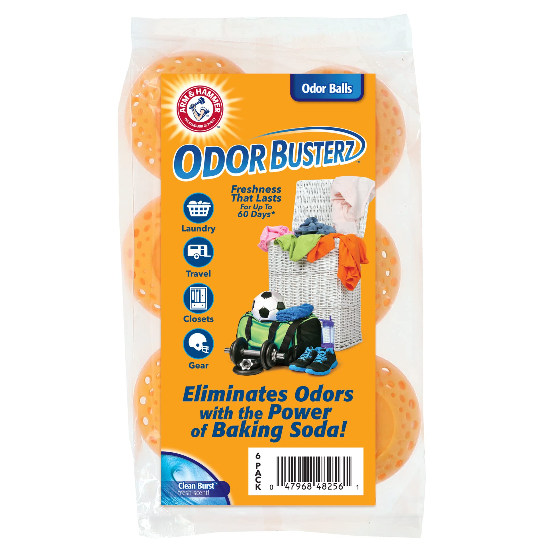 Arm & Hammer OdorBusterz® Odor Eliminator Balls, Clean Burst, 6 Count - Baking Soda Odor Control for Closets, Drawers, Hampers & Small Spaces