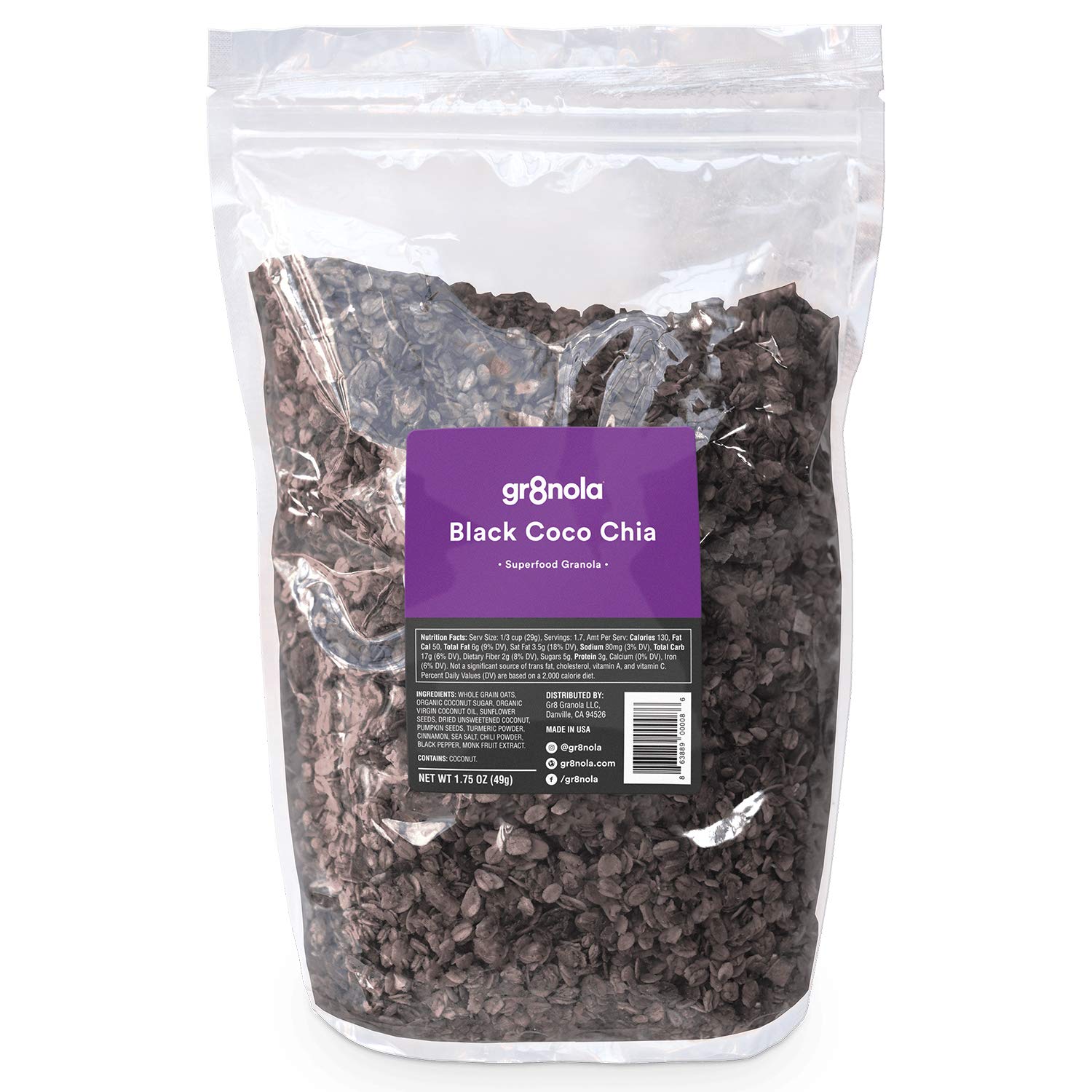 gr8nola BLACK COCO (CHARCOAL) CHIA - Healthy, Low Sugar, Vegan Bulk Granola Cereal - Made with Superfoods Chia Seeds & Activated Charcoal, Soy Free