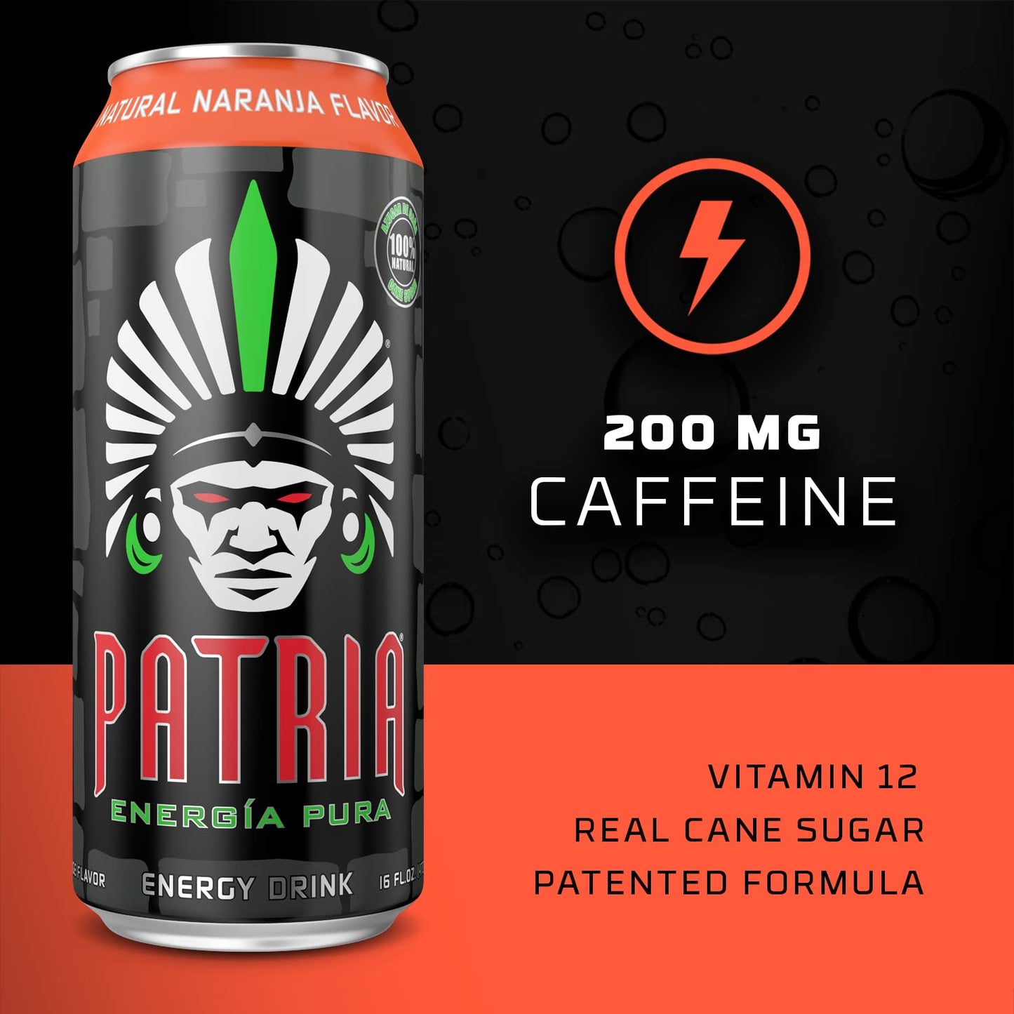 Patria Energia Pura Drink - 12-Pack, Natural Orange Flavor, 16oz Cans - 100% Natural Flavors, Cane Sugar- 200mg of Caffeine