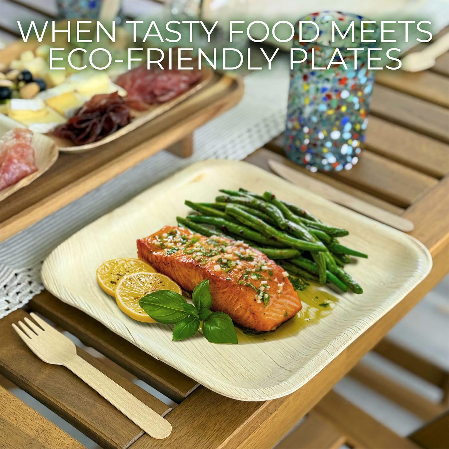 Compostable Square Palm Leaf Plates 10 Inch with Forks & Knives (50 Each) - Like Bamboo Plates, Disposable Party Plates, Biodegradable, Eco-Friendly