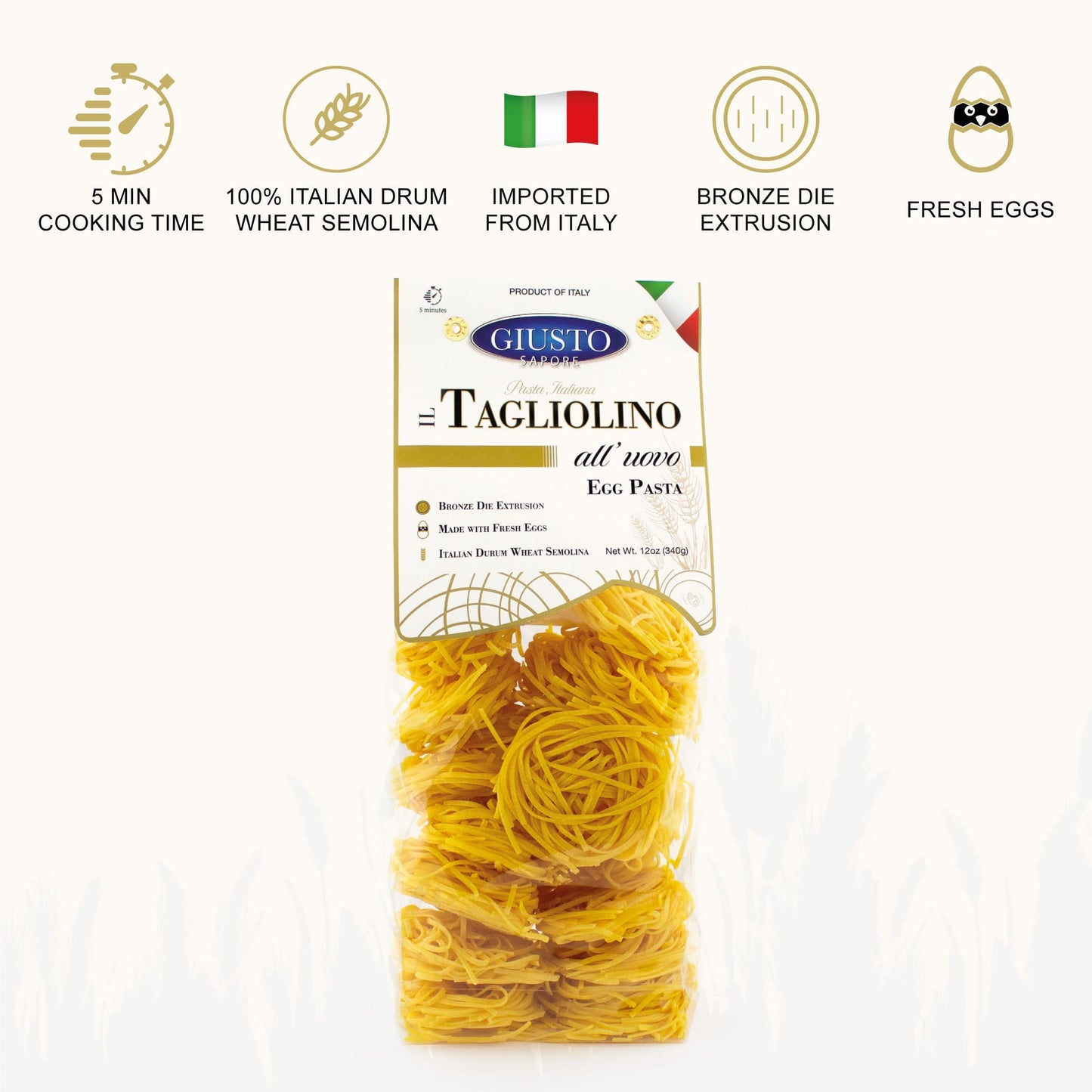 Giusto Sapore Classic Tagliolini All'Uovo Italian Egg Pasta Nest - 340g - Premium Bronze Drawn Durum Wheat Semolina Gourmet Pasta Noodles - Imported