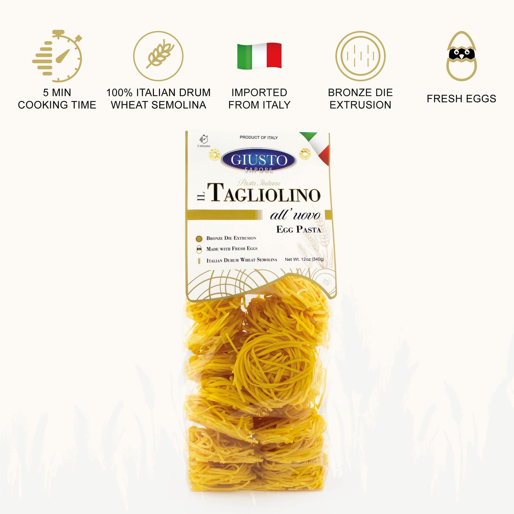 Giusto Sapore Classic Tagliolini All'Uovo Italian Egg Pasta Nest - 340g - Premium Bronze Drawn Durum Wheat Semolina Gourmet Pasta Noodles - Imported