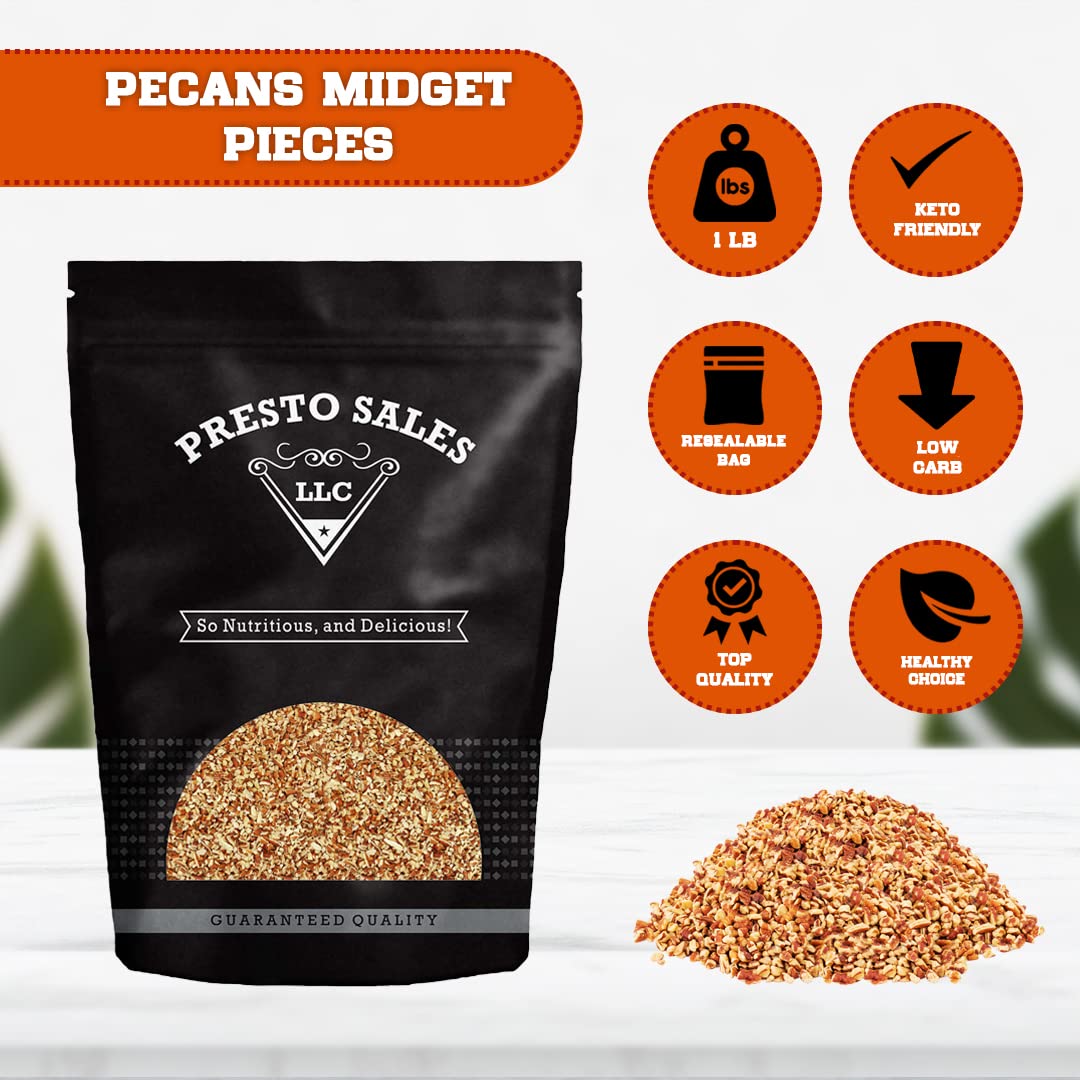 Presto Sales Chopped Pecans Midget Pieces 16 oz. | Raw, Unsalted, Shelled, Natural | Non-GMO, Keto/Paleo, Vegan | Low-Cholesterol, Low-Fat, Dairy-Free