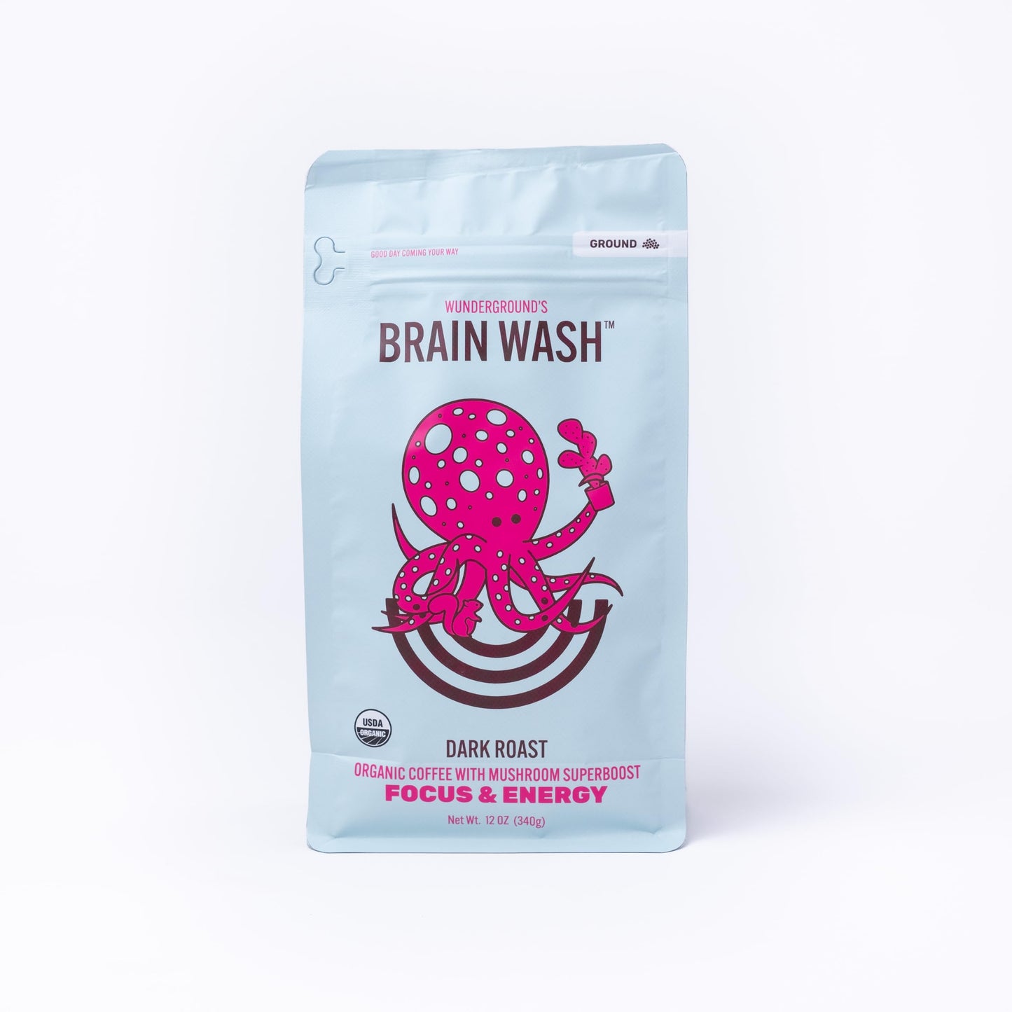 Wunderground's Brain Wash Dark Roast Organic Ground Coffee with Mushroom SuperBoost (12 oz Bag)