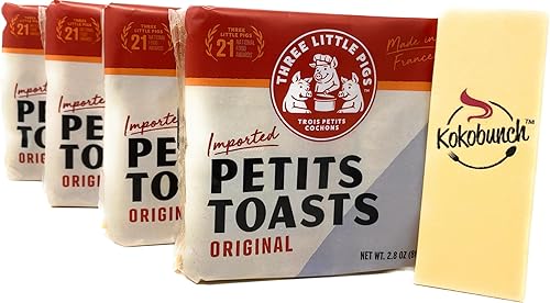 Three Little Pigs Imported Petit Toast. Light And Crispy Original Toasted Wheat Bread Cracker 4-2.8oz PACK Bundle With Kokobunch Kit.