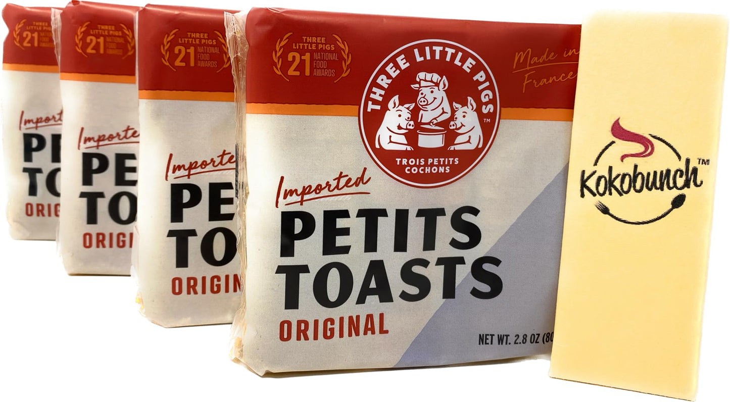 Three Little Pigs Imported Petit Toast. Light And Crispy Original Toasted Wheat Bread Cracker 4-2.8oz PACK Bundle With Kokobunch Kit.