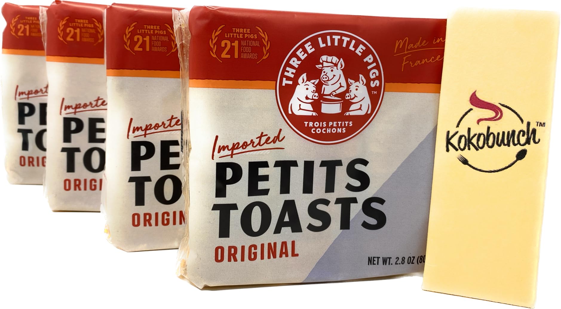 Three Little Pigs Imported Petit Toast. Light And Crispy Original Toasted Wheat Bread Cracker 4-2.8oz PACK Bundle With Kokobunch Kit.