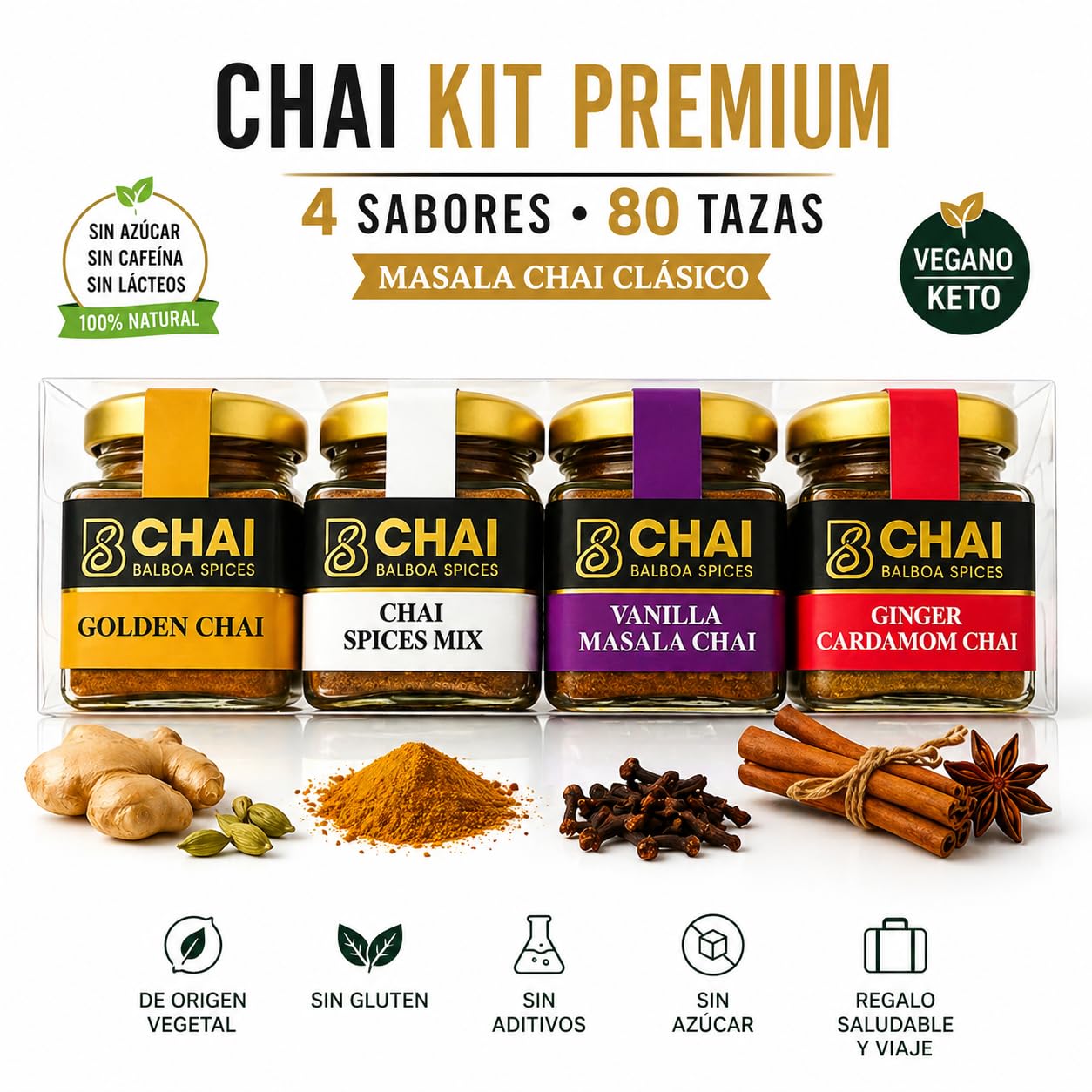 Chai Kit by Balboa Spices - 80 Servings - 4 Premium Flavors - Caffeine-Free & Sugar-Free - Natural Masala Chai Powder - Functional Beverage - Gourmet