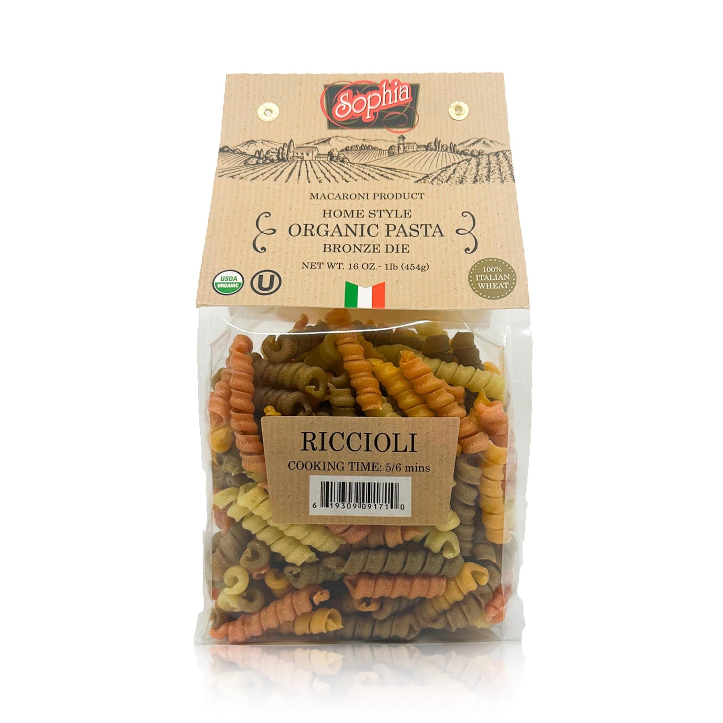 Sophia Foods Four-Color Bronze Dye Riccioli Pasta, 1lb Bag (4-Pack) - Organic, Artisanal, and Made in Italy