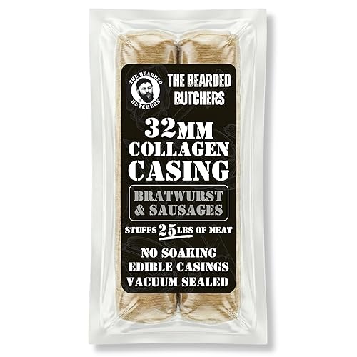 Bearded Butchers 32mm Fresh Edible Beef Collagen Casings (2-Pack) - Holds 25lbs of Meat - For Bratwurst, Italian Sausage & Chorizo - Vacuum Sealed