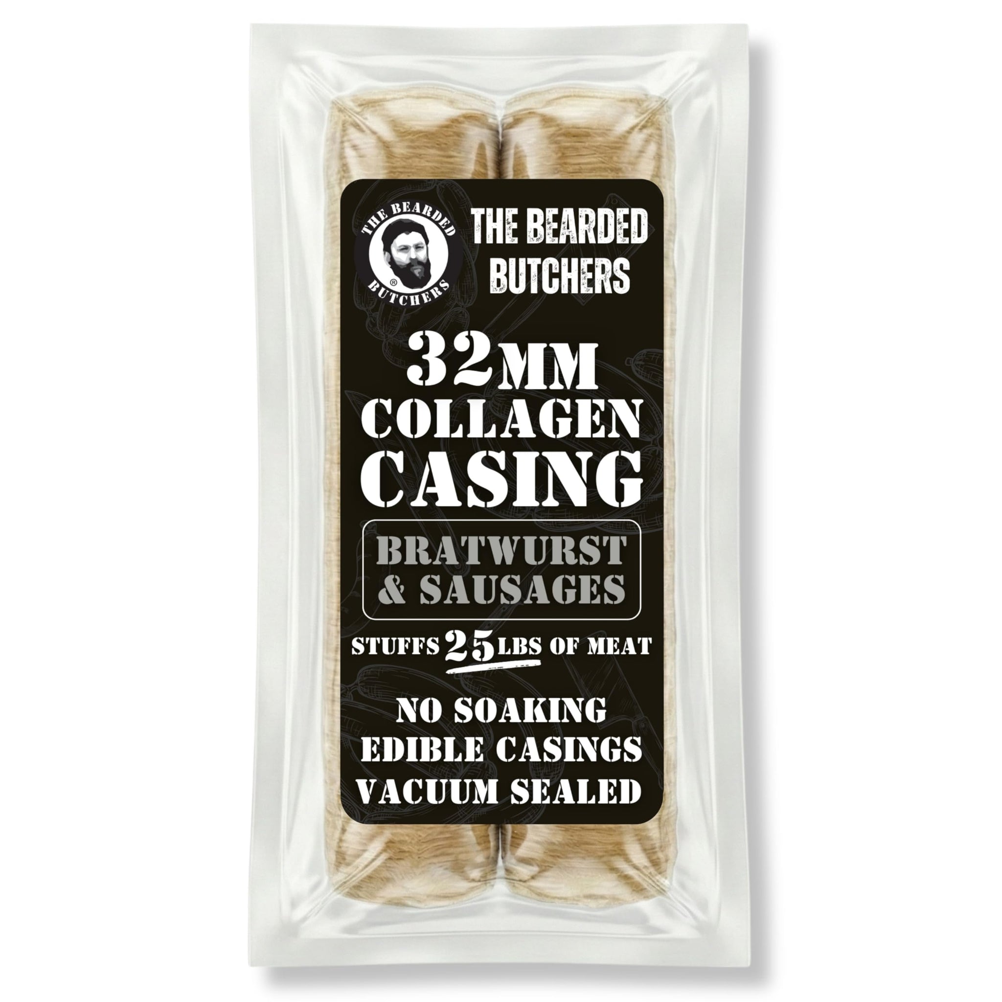 Bearded Butchers 32mm Fresh Edible Beef Collagen Casings (2-Pack) - Holds 25lbs of Meat - For Bratwurst, Italian Sausage & Chorizo - Vacuum Sealed