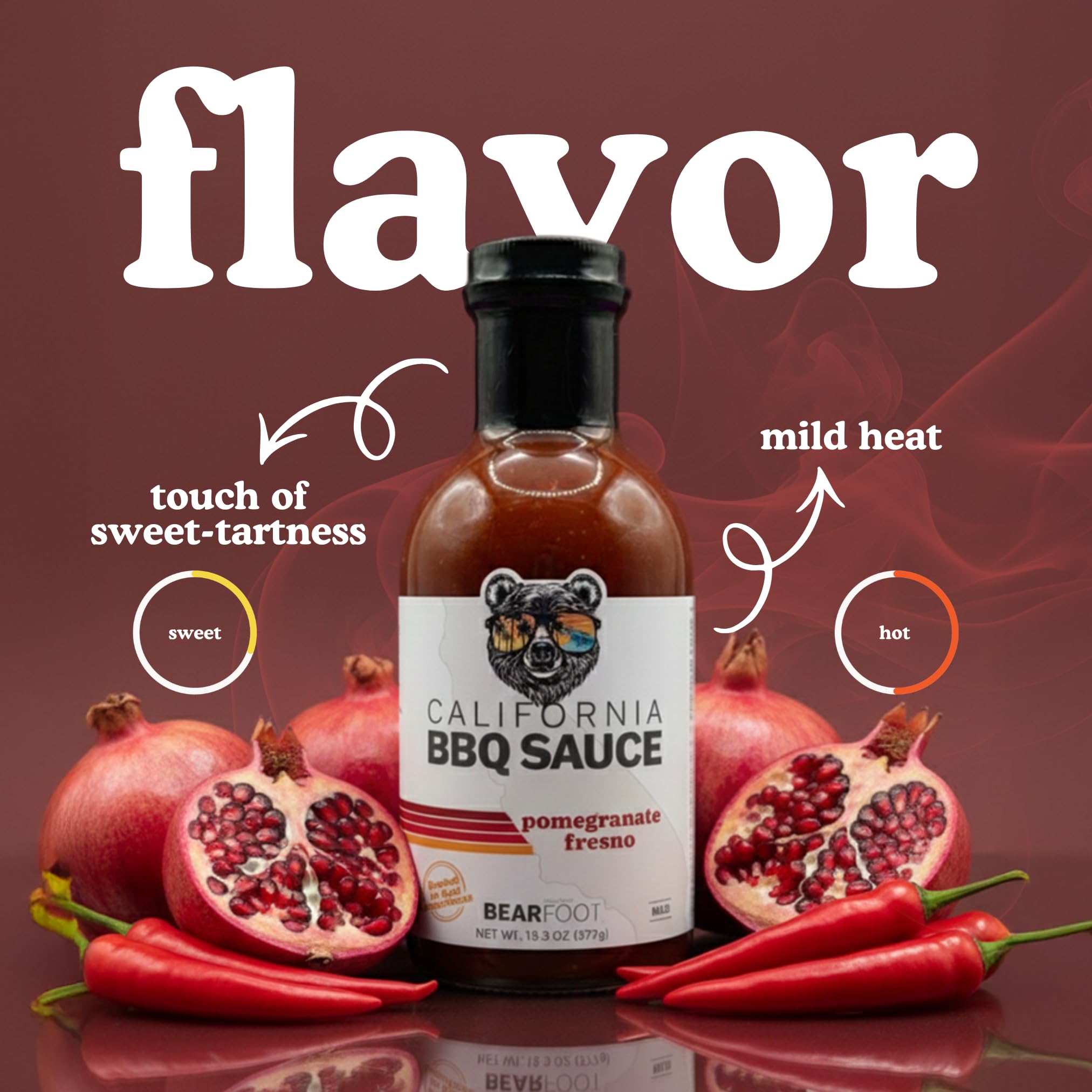 Pomegranate Fresno BBQ Sauce - Bearfoot BBQ - Gluten Free, 13.3 oz, Small Batch, Non-GMO, No Preservatives, No Corn Syrup, No Seed Oils. Marinade