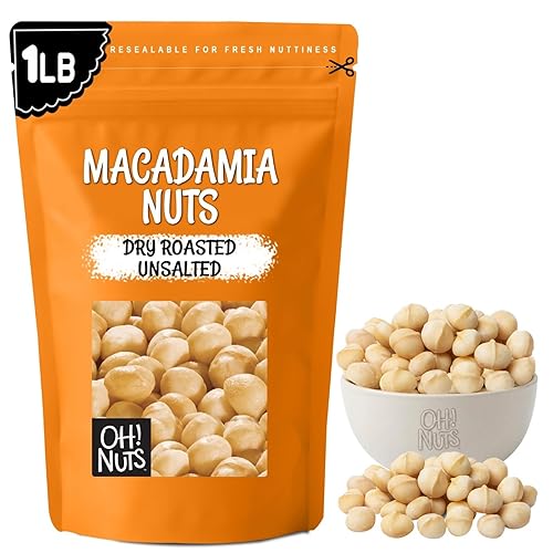 Oh! Nuts Macadamia Nuts - 1 lb - Dry Roasted Unsalted Macadamia Nuts - Oven Roasted - No Oil - Packed in New York Zip-Seal Bag for Exceptional