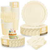 200Pcs Ivory Paper Plates and Napkins, 9’’and 7’’ Disposable Scalloped Cream Party Plates Cups Napkins Forks Set Party Supplies for Baby Shower Bridal