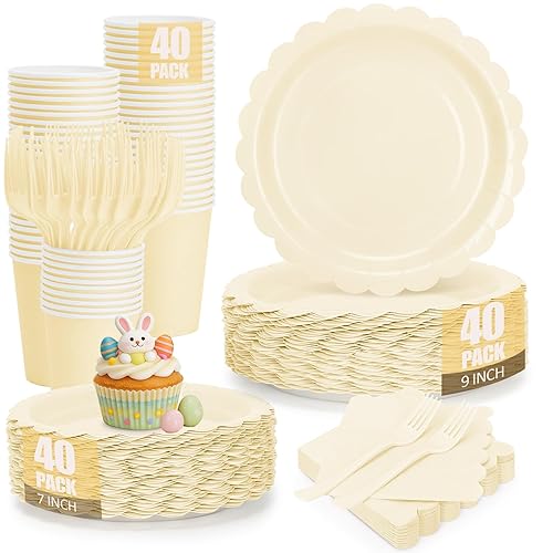 200Pcs Ivory Paper Plates and Napkins, 9’’and 7’’ Disposable Scalloped Cream Party Plates Cups Napkins Forks Set Party Supplies for Baby Shower Bridal