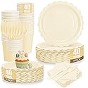 200Pcs Ivory Paper Plates and Napkins, 9’’and 7’’ Disposable Scalloped Cream Party Plates Cups Napkins Forks Set Party Supplies for Baby Shower Bridal