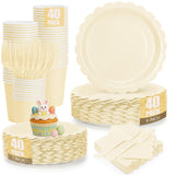 200Pcs Ivory Paper Plates and Napkins, 9’’and 7’’ Disposable Scalloped Cream Party Plates Cups Napkins Forks Set Party Supplies for Baby Shower Bridal